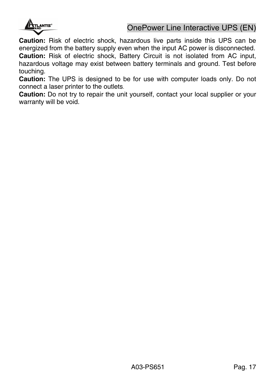 Atlantis Land Line Interactive UPS A03-PS651 _MX01 User Manual | Page 21 / 50