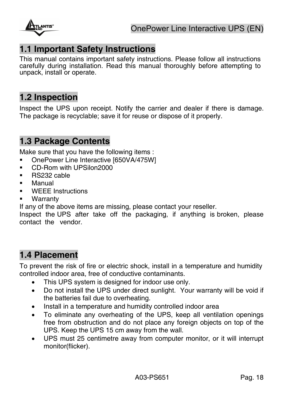 English, 1 important safety instructions, 2 inspection | 3 package contents, 4 placement, Onepower line interactive ups (en) | Atlantis Land Line Interactive UPS A03-PS651 _MX01 User Manual | Page 22 / 50