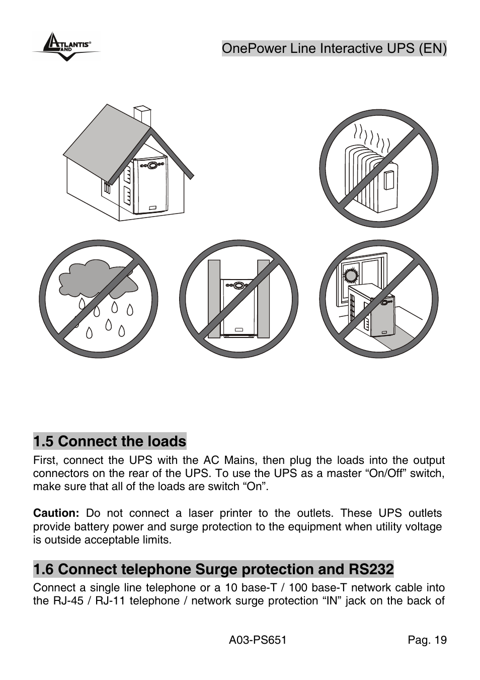 5 connect the loads, 6 connect telephone surge protection and rs232 | Atlantis Land Line Interactive UPS A03-PS651 _MX01 User Manual | Page 23 / 50