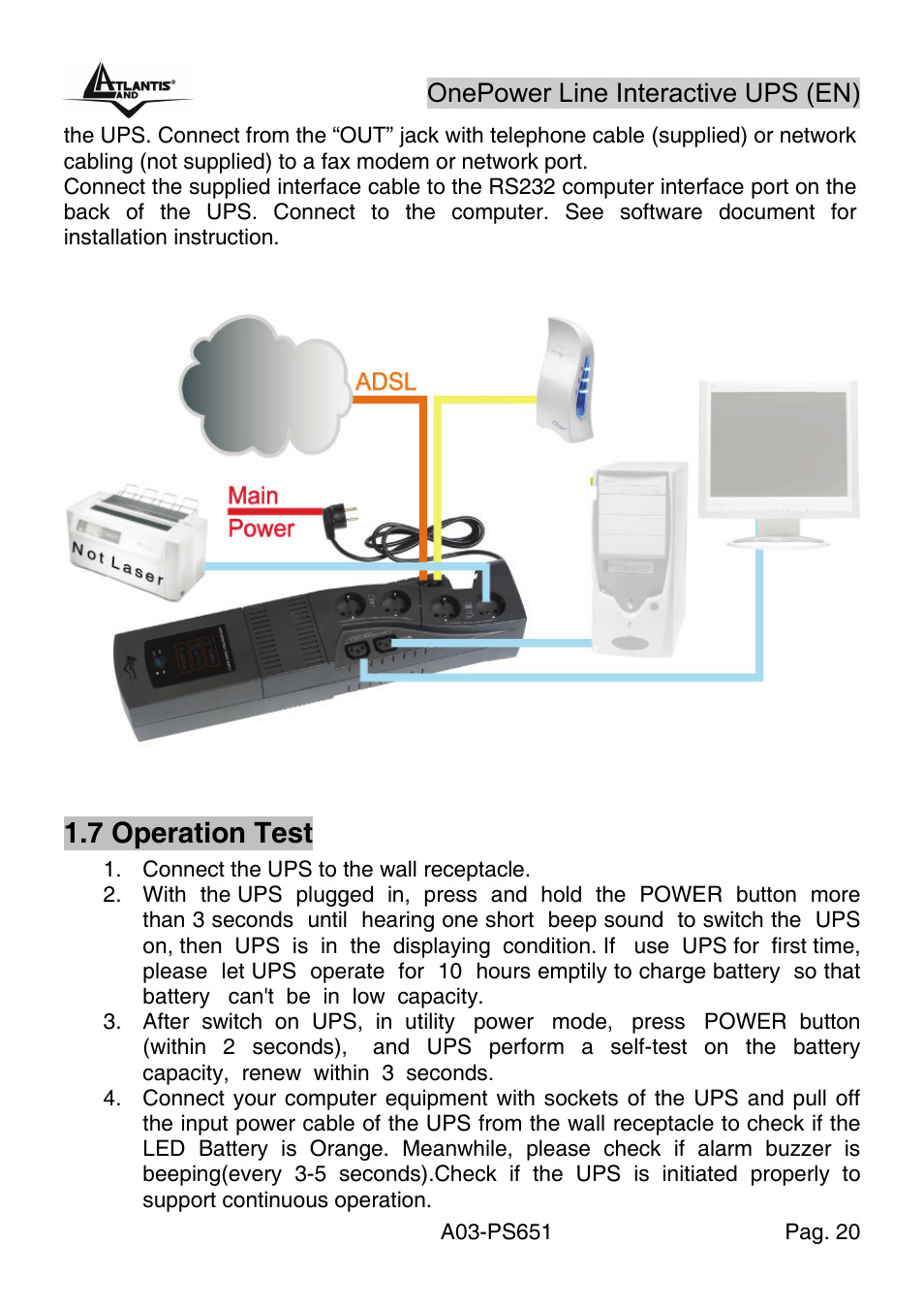 7 operation test, Onepower line interactive ups (en) | Atlantis Land Line Interactive UPS A03-PS651 _MX01 User Manual | Page 24 / 50