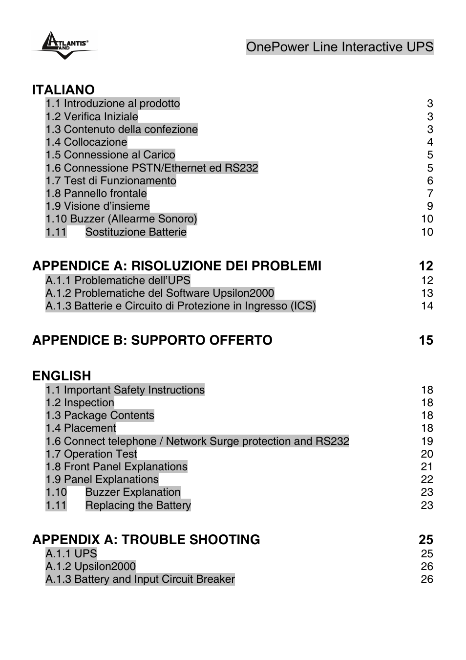 Index | Atlantis Land Line Interactive UPS A03-PS651 _MX01 User Manual | Page 3 / 50