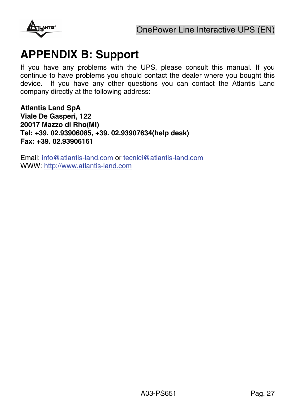 Appendix b: support | Atlantis Land Line Interactive UPS A03-PS651 _MX01 User Manual | Page 31 / 50