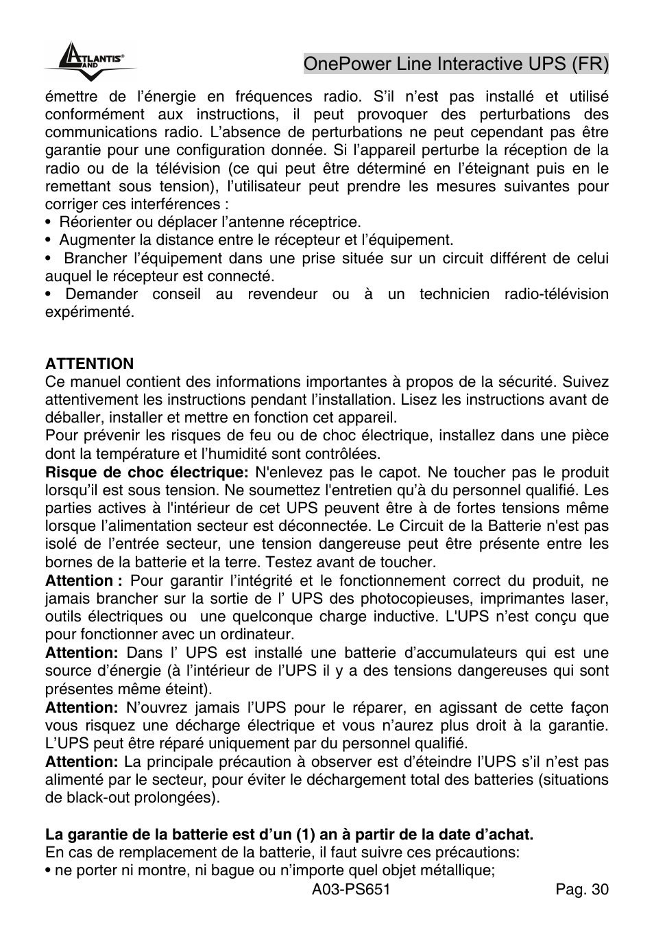Atlantis Land Line Interactive UPS A03-PS651 _MX01 User Manual | Page 34 / 50