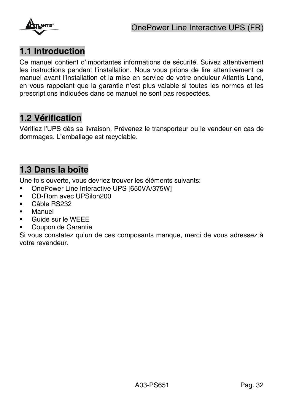 Francais, 1 introduction, 2 vérification | 3 dans la boîte, Onepower line interactive ups (fr) | Atlantis Land Line Interactive UPS A03-PS651 _MX01 User Manual | Page 36 / 50