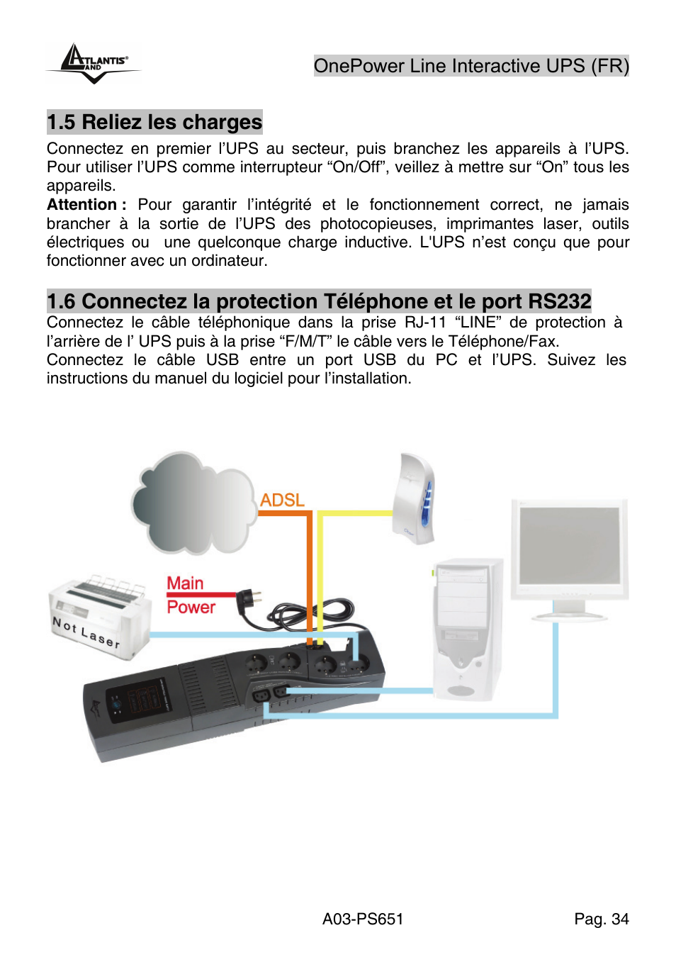 5 reliez les charges | Atlantis Land Line Interactive UPS A03-PS651 _MX01 User Manual | Page 38 / 50