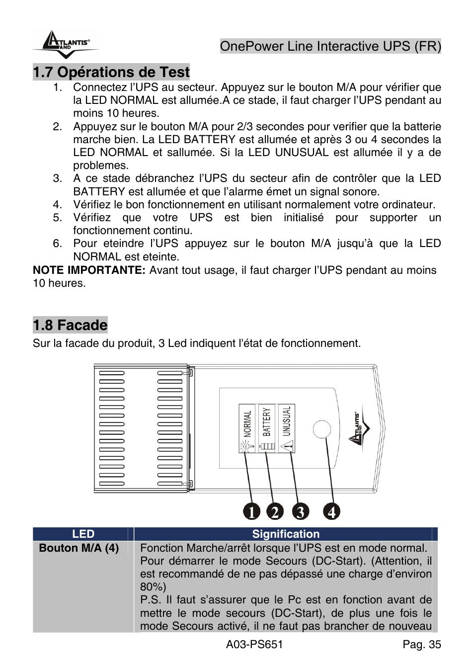 7 opérations de test, 8 facade, Onepower line interactive ups (fr) | Atlantis Land Line Interactive UPS A03-PS651 _MX01 User Manual | Page 39 / 50