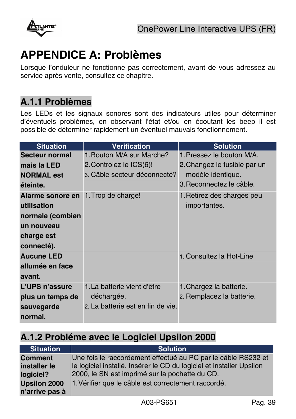Appendice a: problèmes, A.1.1 problèmes, Onepower line interactive ups (fr) | Atlantis Land Line Interactive UPS A03-PS651 _MX01 User Manual | Page 43 / 50