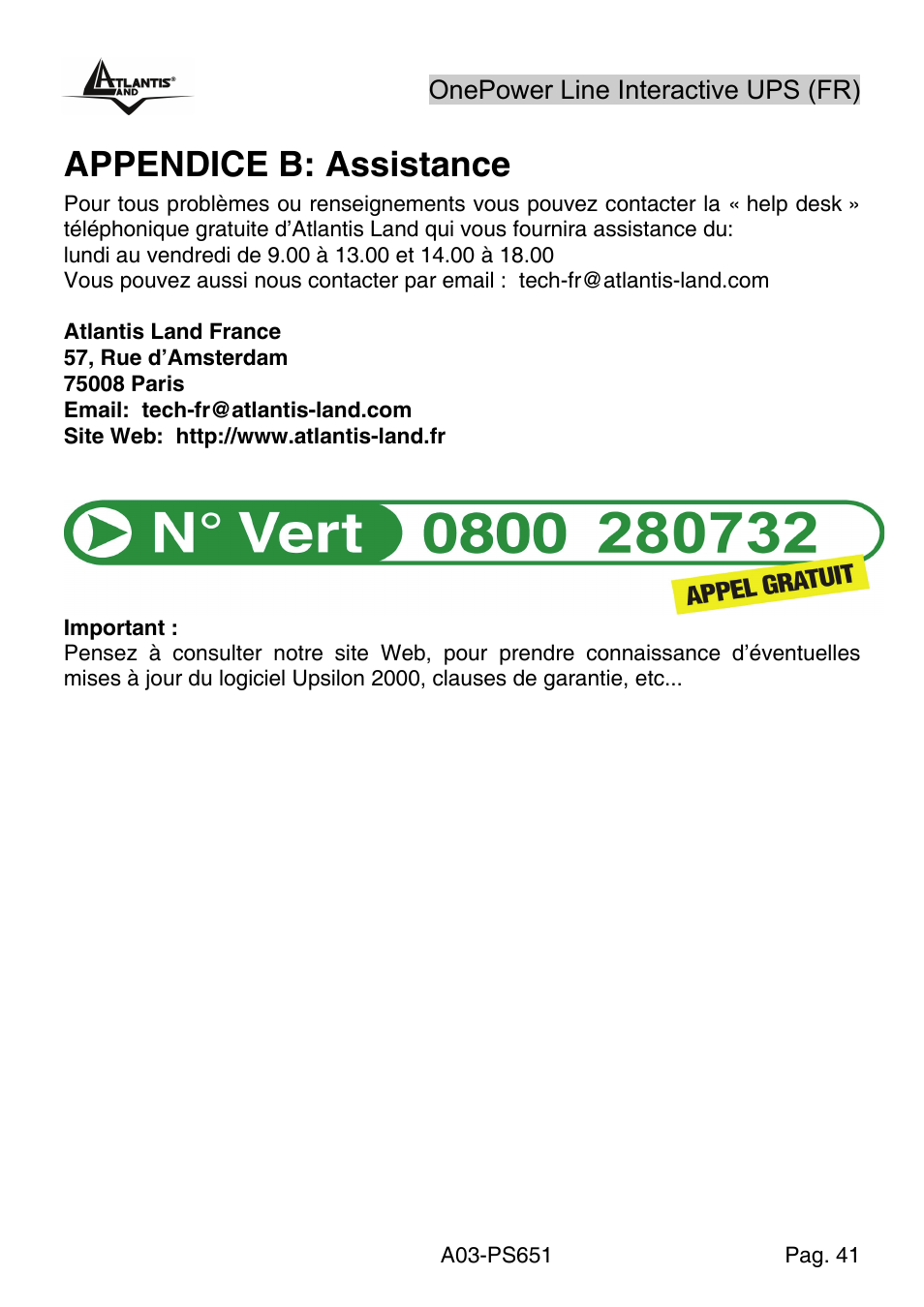 Appendice b: assistance | Atlantis Land Line Interactive UPS A03-PS651 _MX01 User Manual | Page 45 / 50