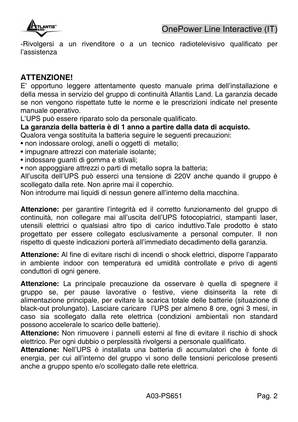Onepower line interactive (it) | Atlantis Land Line Interactive UPS A03-PS651 _MX01 User Manual | Page 6 / 50