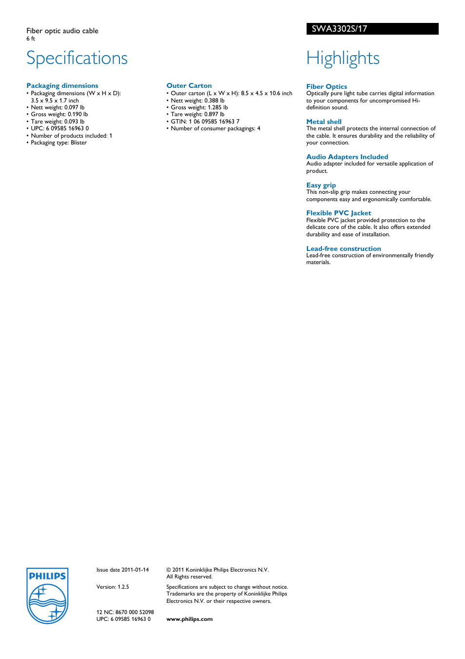 Specifications, Highlights | Philips SWA3302S-17 User Manual | Page 2 / 2