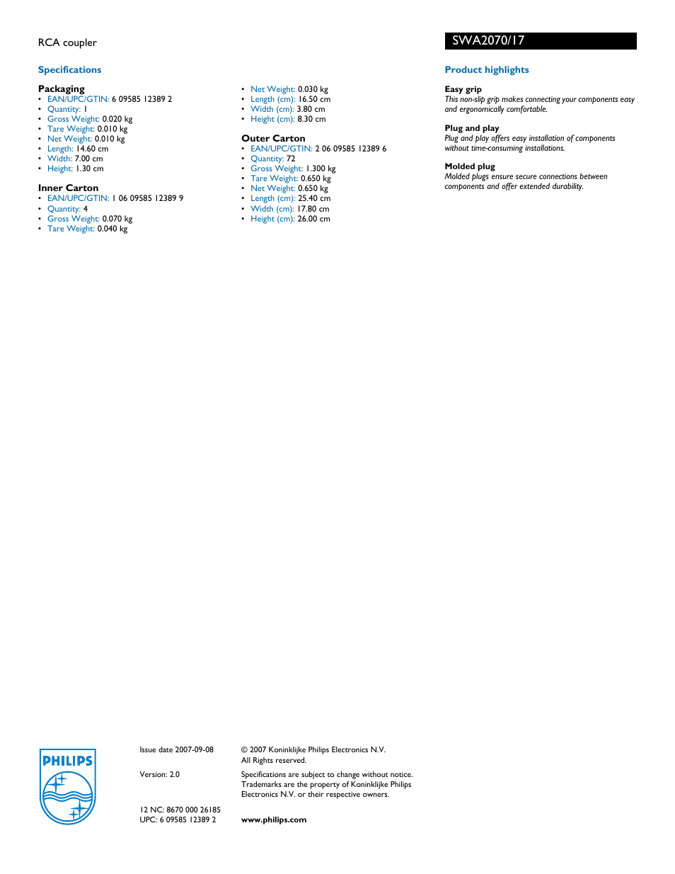 Philips RCA coupler SWA2070 User Manual | Page 2 / 2