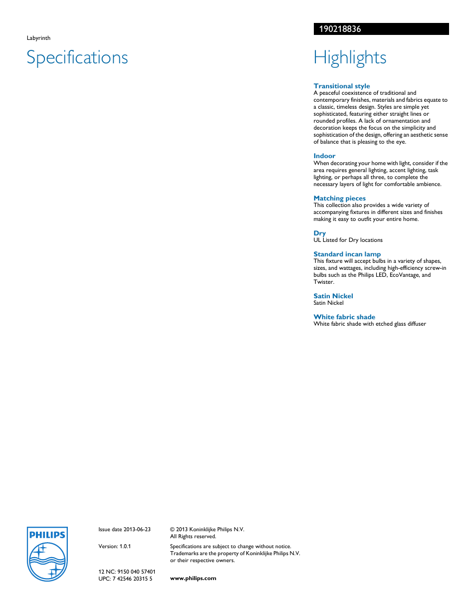 Specifications, Highlights | Philips 190218836 User Manual | Page 2 / 2