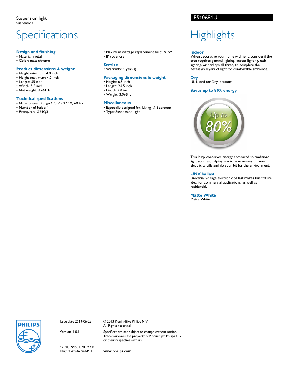 Specifications, Highlights | Philips F510681U User Manual | Page 2 / 2