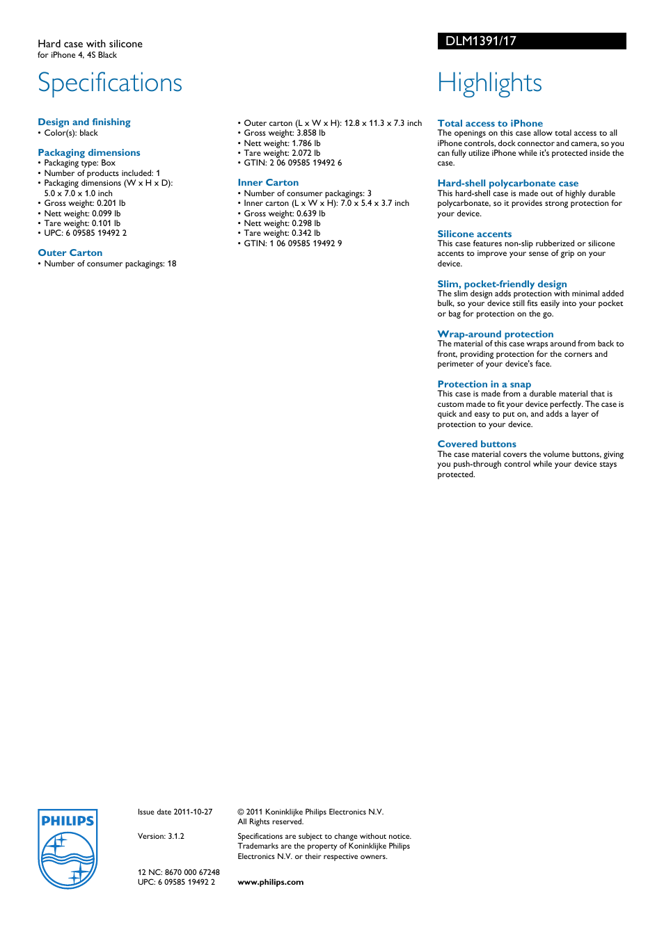 Specifications, Highlights | Philips DLM1391-17 User Manual | Page 2 / 2