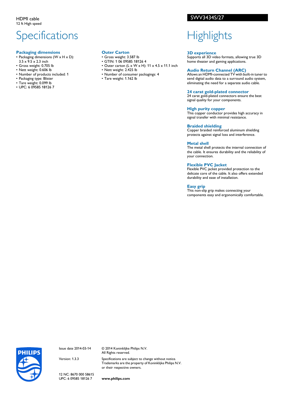 Specifications, Highlights | Philips SWV3434S-27 User Manual | Page 2 / 2