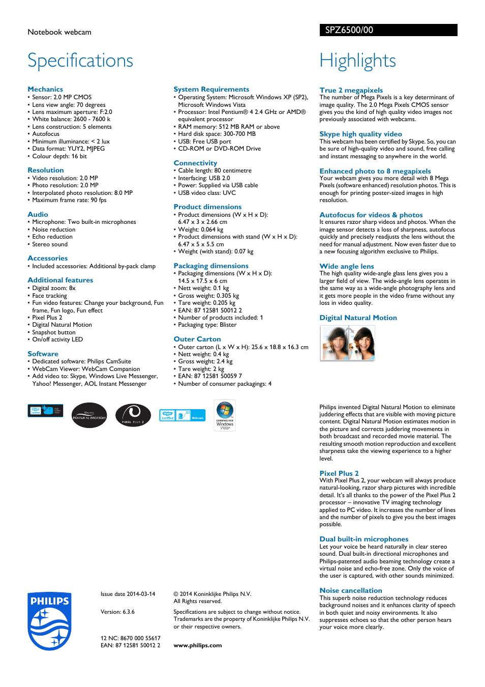 Specifications, Highlights | Philips SPZ6500-00 User Manual | Page 2 / 2