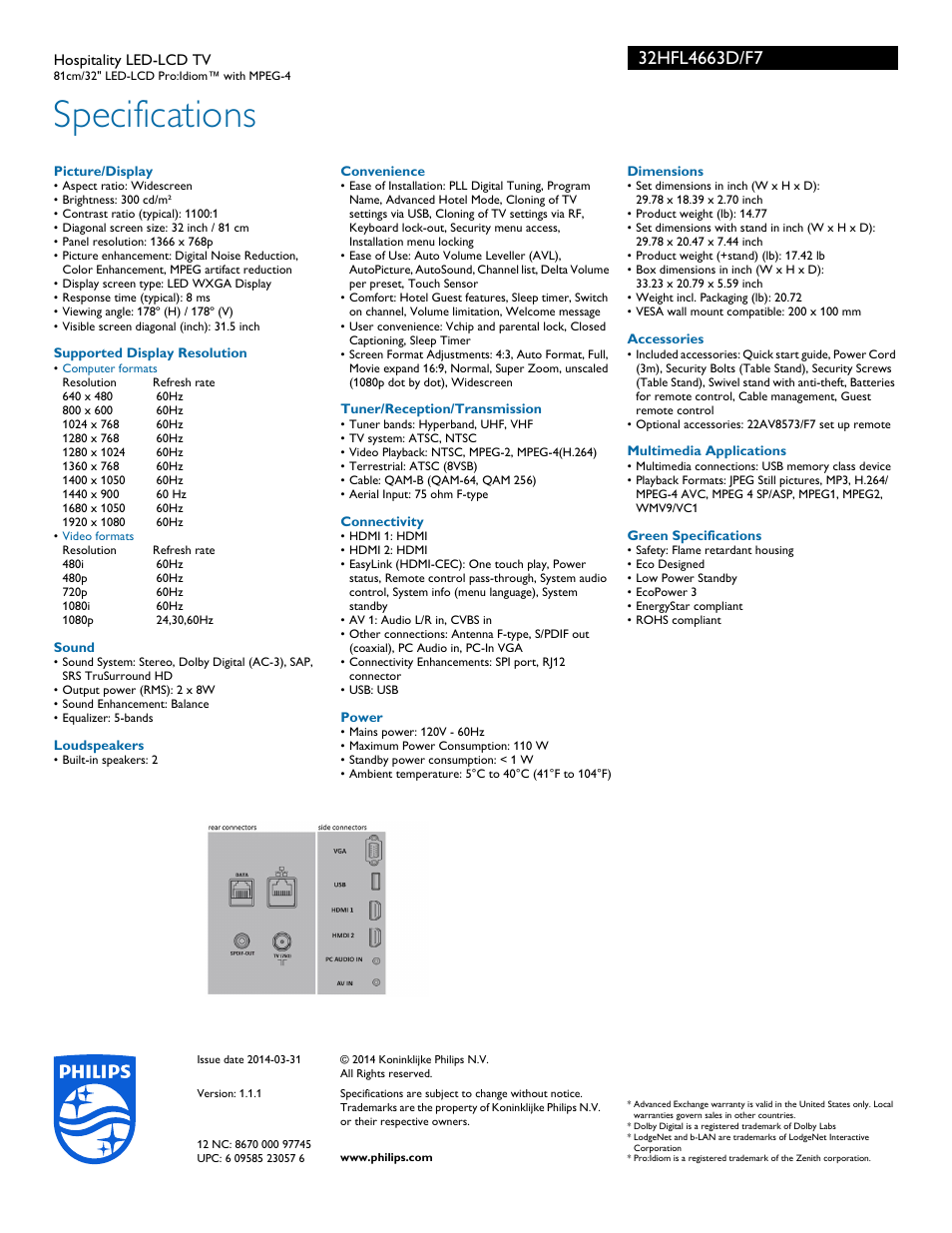 Specifications | Philips 32HFL4663D-F7 User Manual | Page 3 / 3