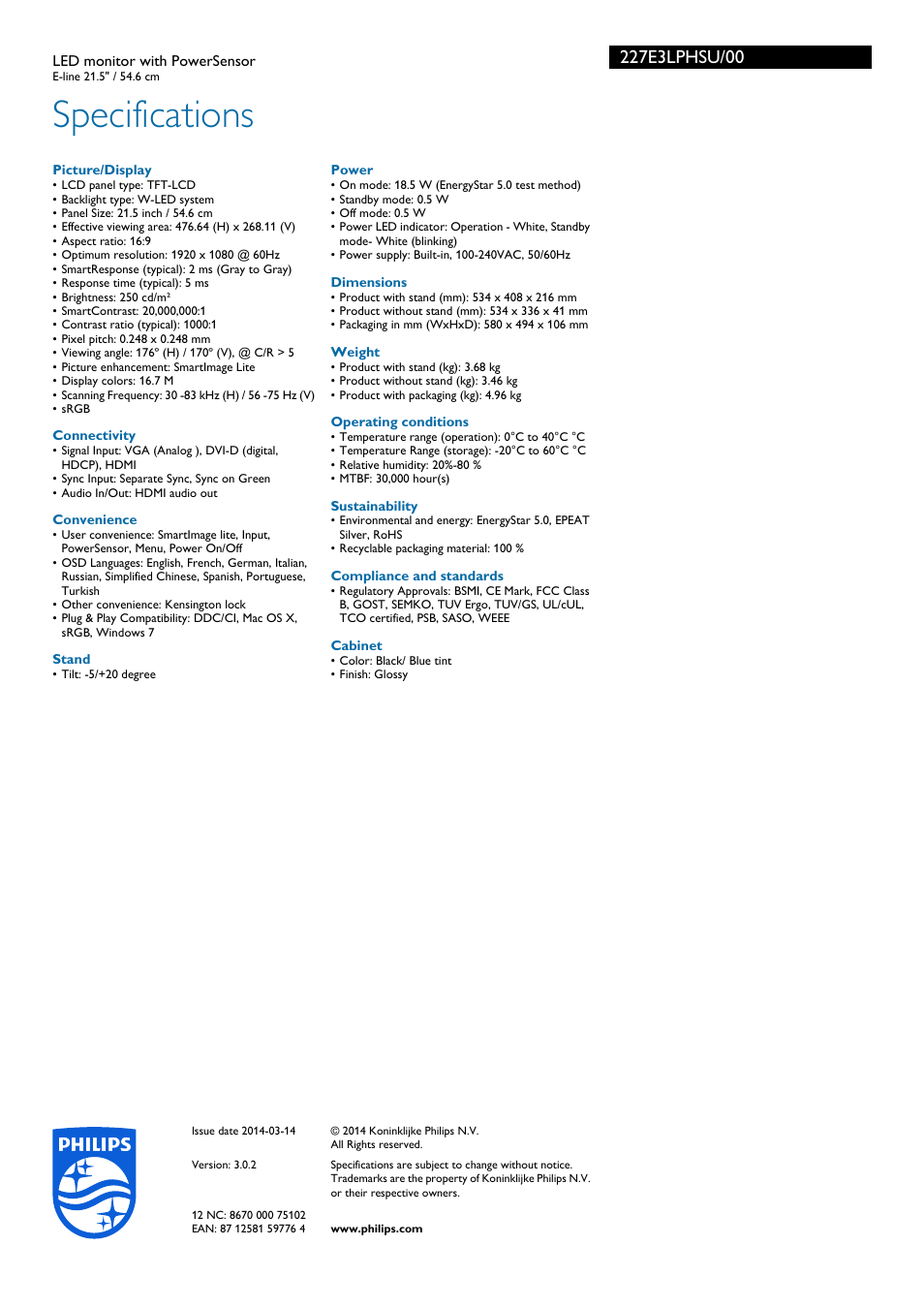 Specifications | Philips 227E3LPHSU-00 User Manual | Page 3 / 3