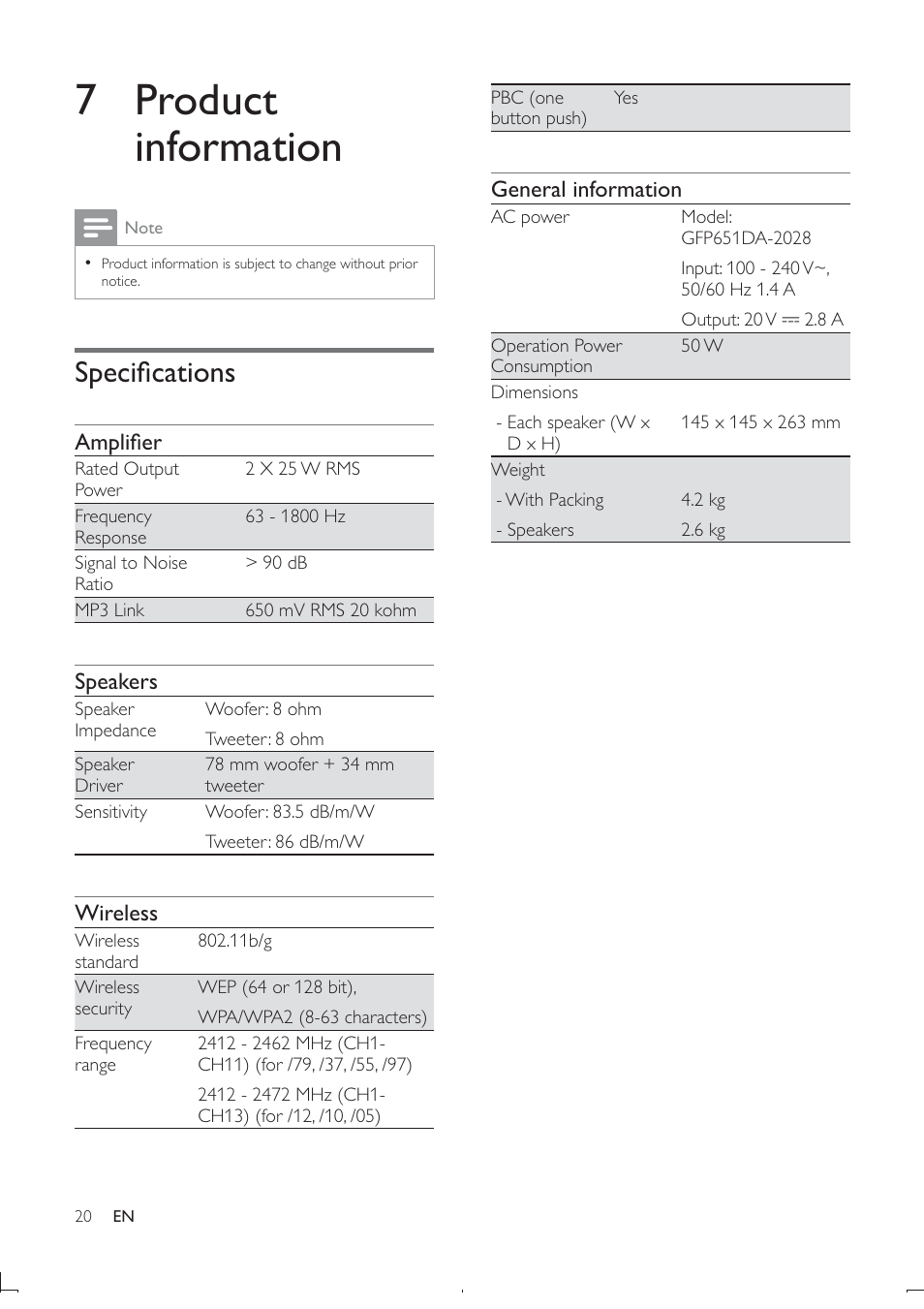 7 product information, Specià cations | Philips DS6800W-37 User Manual | Page 21 / 26