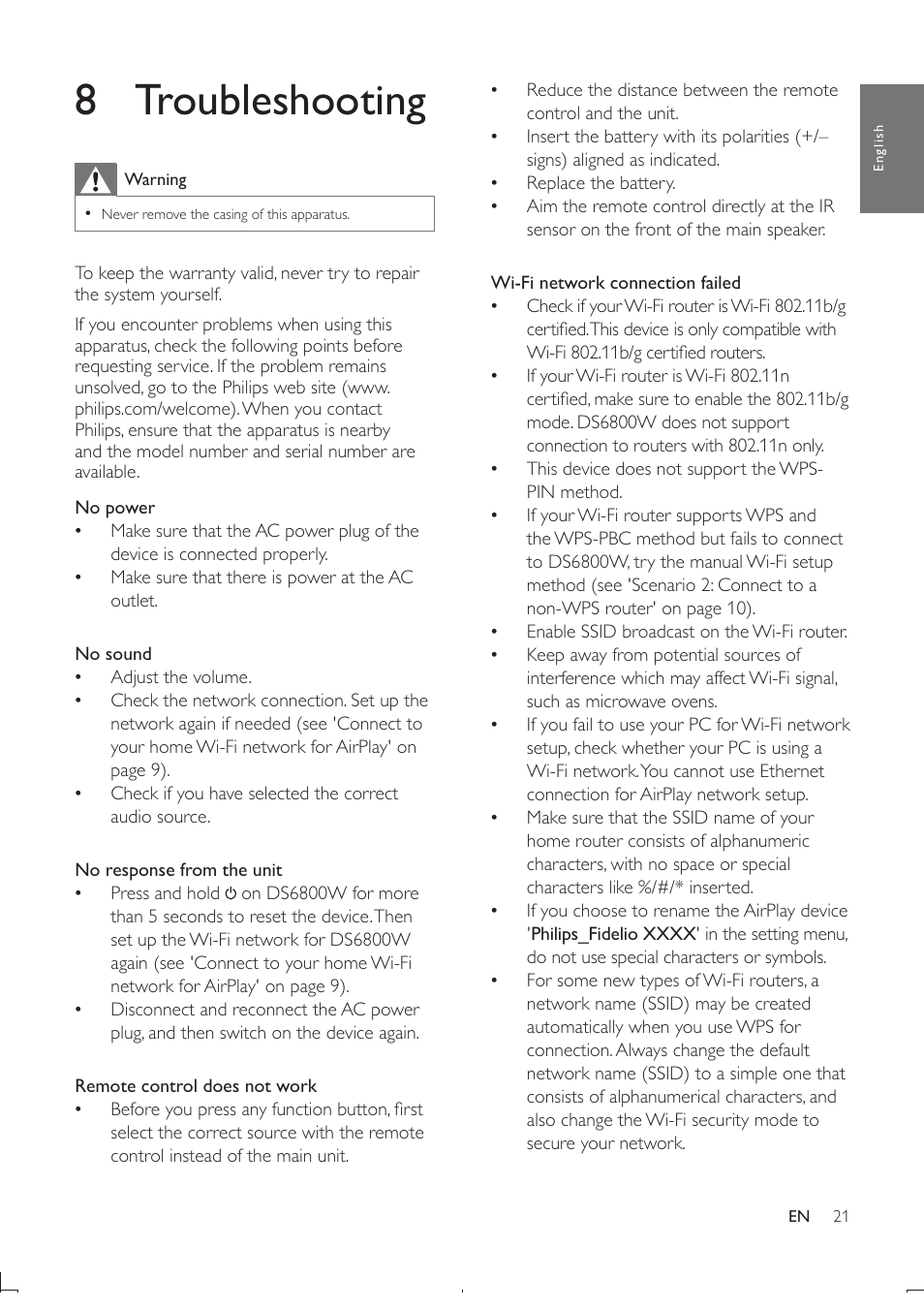 8 troubleshooting | Philips DS6800W-37 User Manual | Page 22 / 26