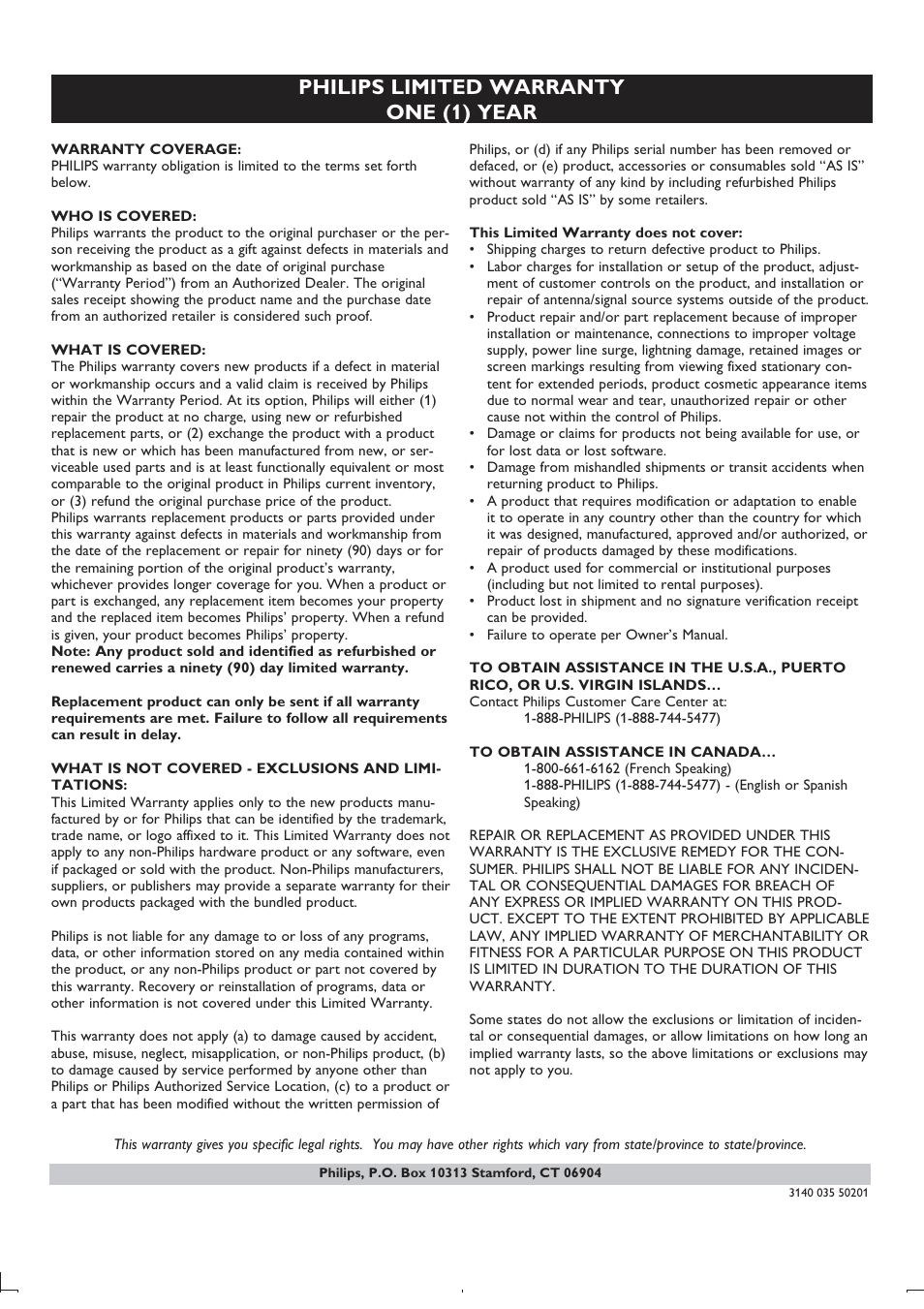 Philips limited warranty one (1) year | Philips DS6800W-37 User Manual | Page 25 / 26