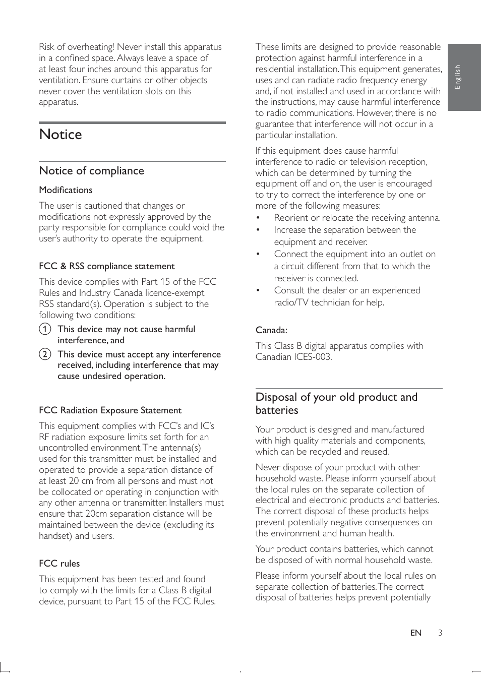 Notice, Notice of compliance, Disposal of your old product and batteries | Philips DS6800W-37 User Manual | Page 4 / 26