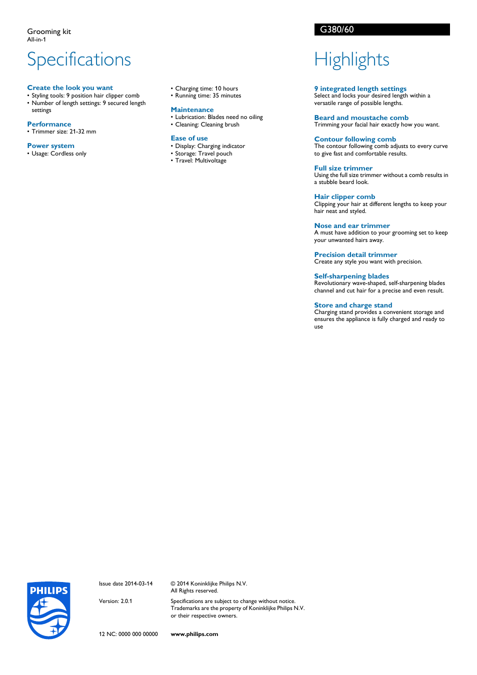 Specifications, Highlights | Philips G380-60 User Manual | Page 2 / 2