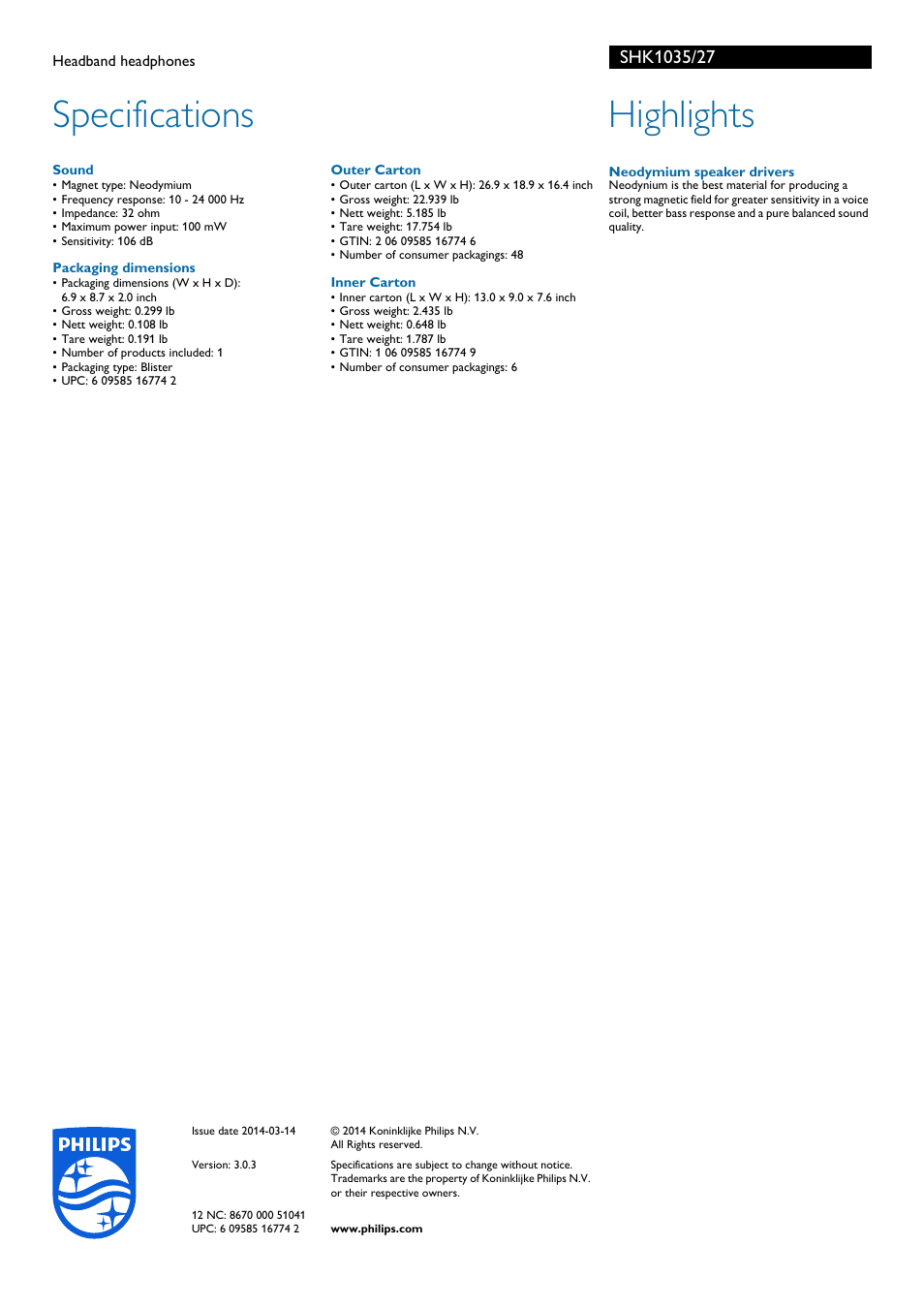 Specifications, Highlights | Philips Headband headphones SHK1035 User Manual | Page 2 / 2