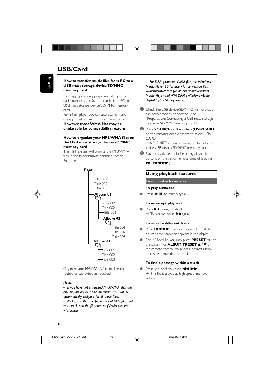 Usb/card, Using playback features | Philips DC910W-37 User Manual | Page 16 / 25