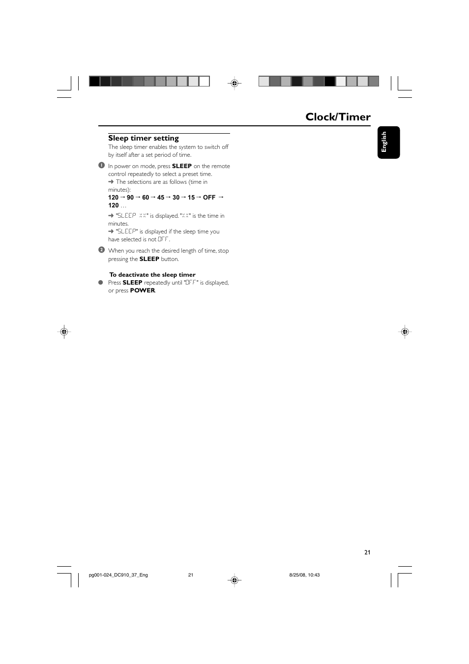 Clock/timer, Sleep timer setting | Philips DC910W-37 User Manual | Page 21 / 25