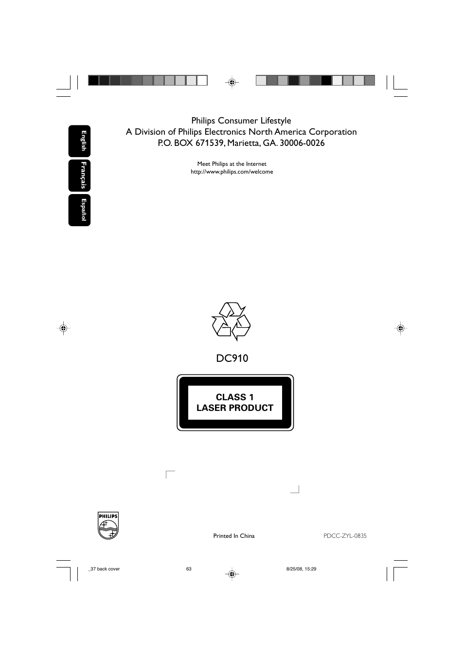Dc910, Class 1 laser product | Philips DC910W-37 User Manual | Page 25 / 25