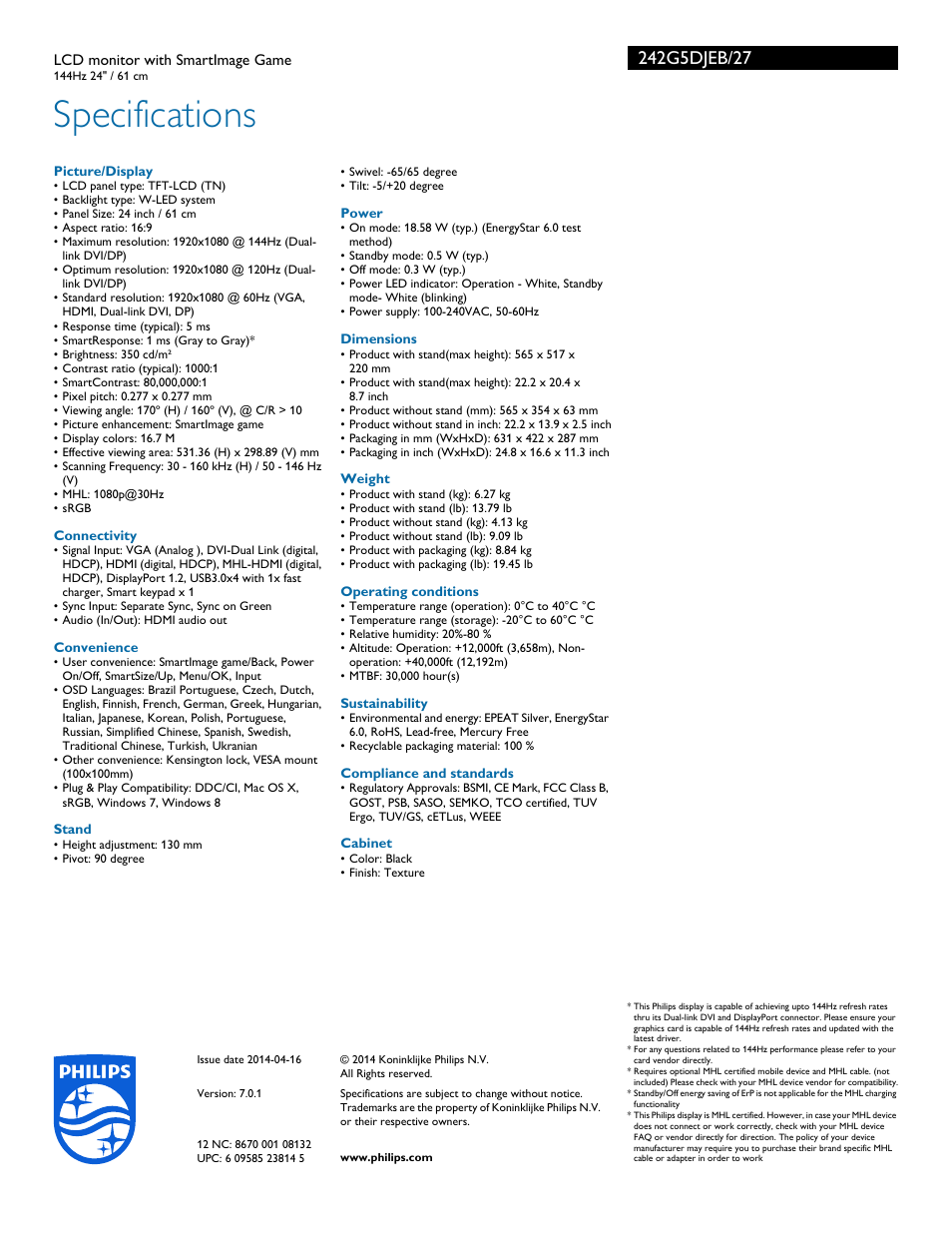 Specifications | Philips 242G5DJEB-27 User Manual | Page 3 / 3