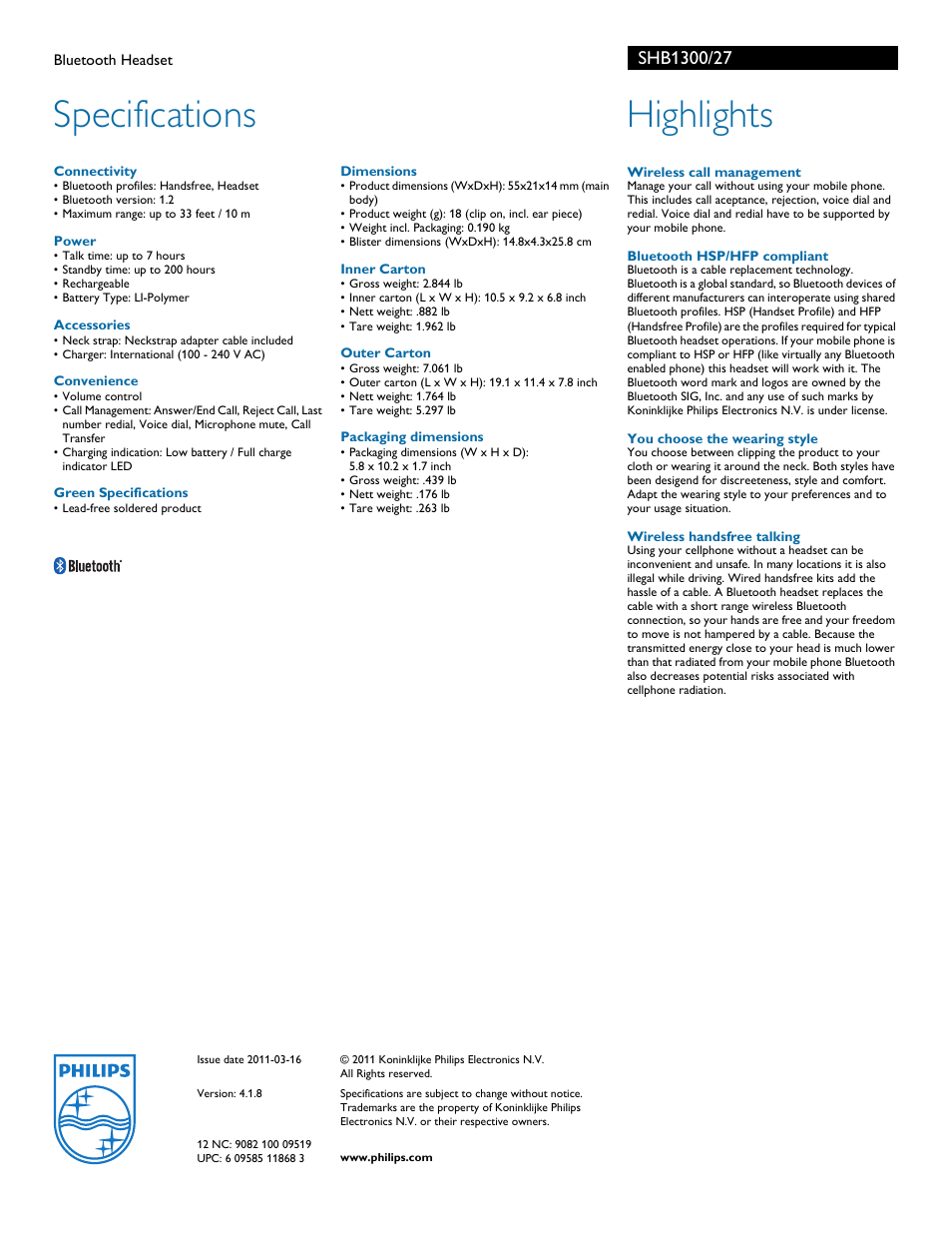 Specifications, Highlights | Philips SHB1300-27 User Manual | Page 2 / 2