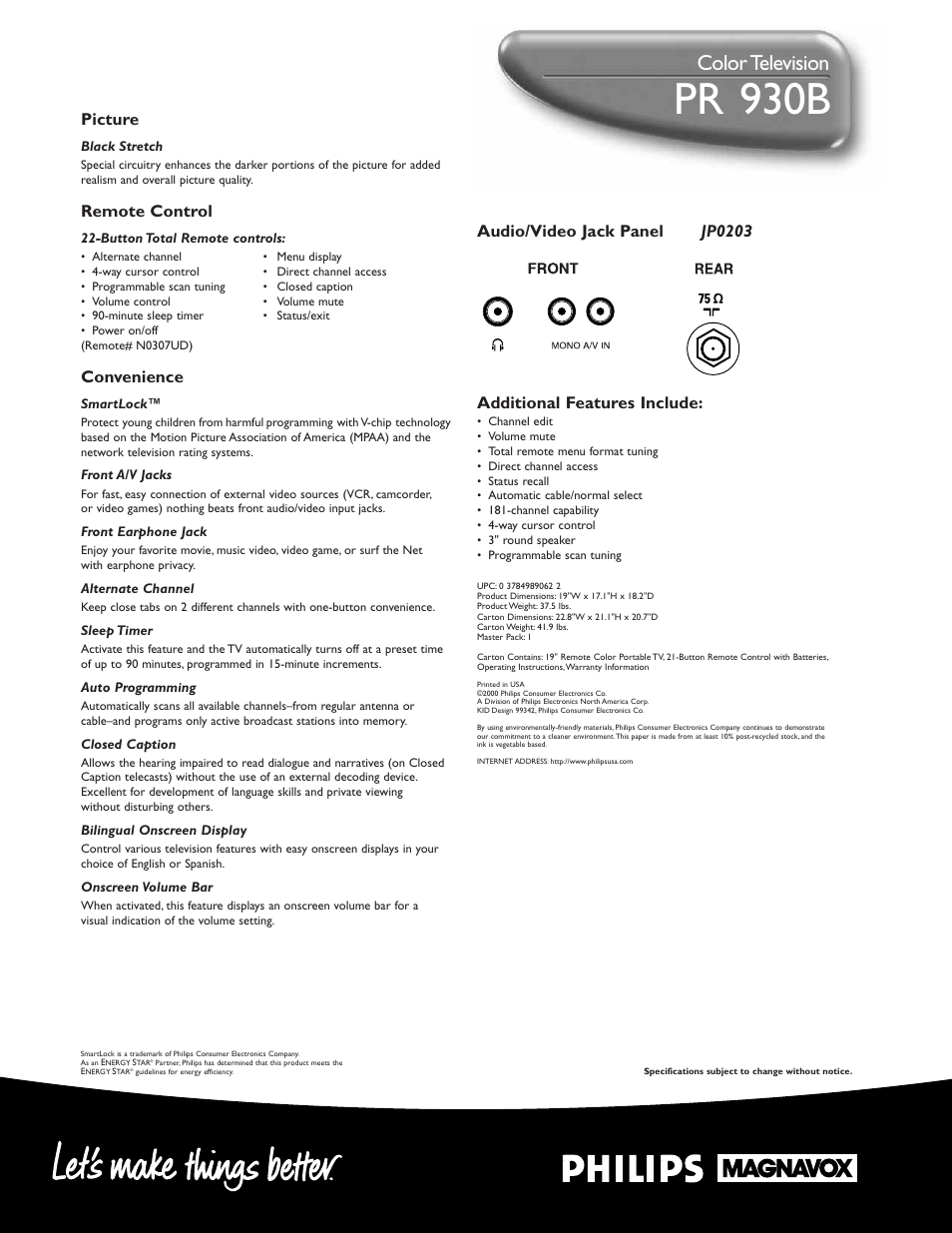 Pr 1 930b, Color television, Picture | Remote control, Convenience | Philips PR1930B User Manual | Page 2 / 2