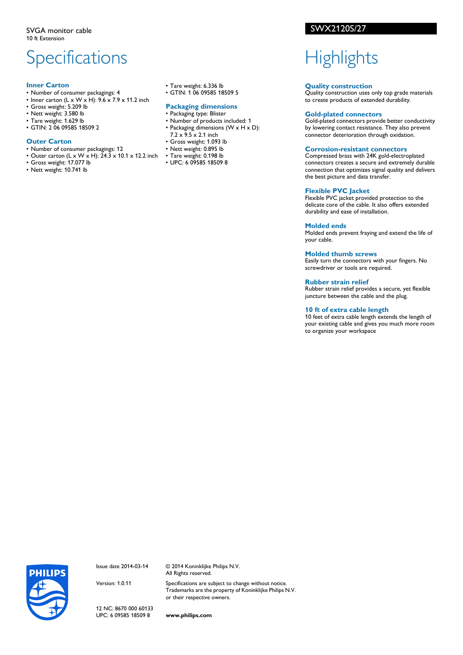 Specifications, Highlights | Philips SWX2120S-27 User Manual | Page 2 / 2