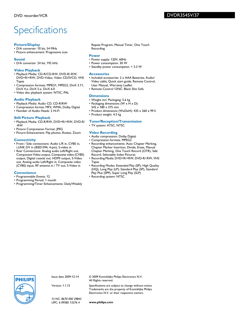 Specifications | Philips DVDR3545V-37 User Manual | Page 3 / 3