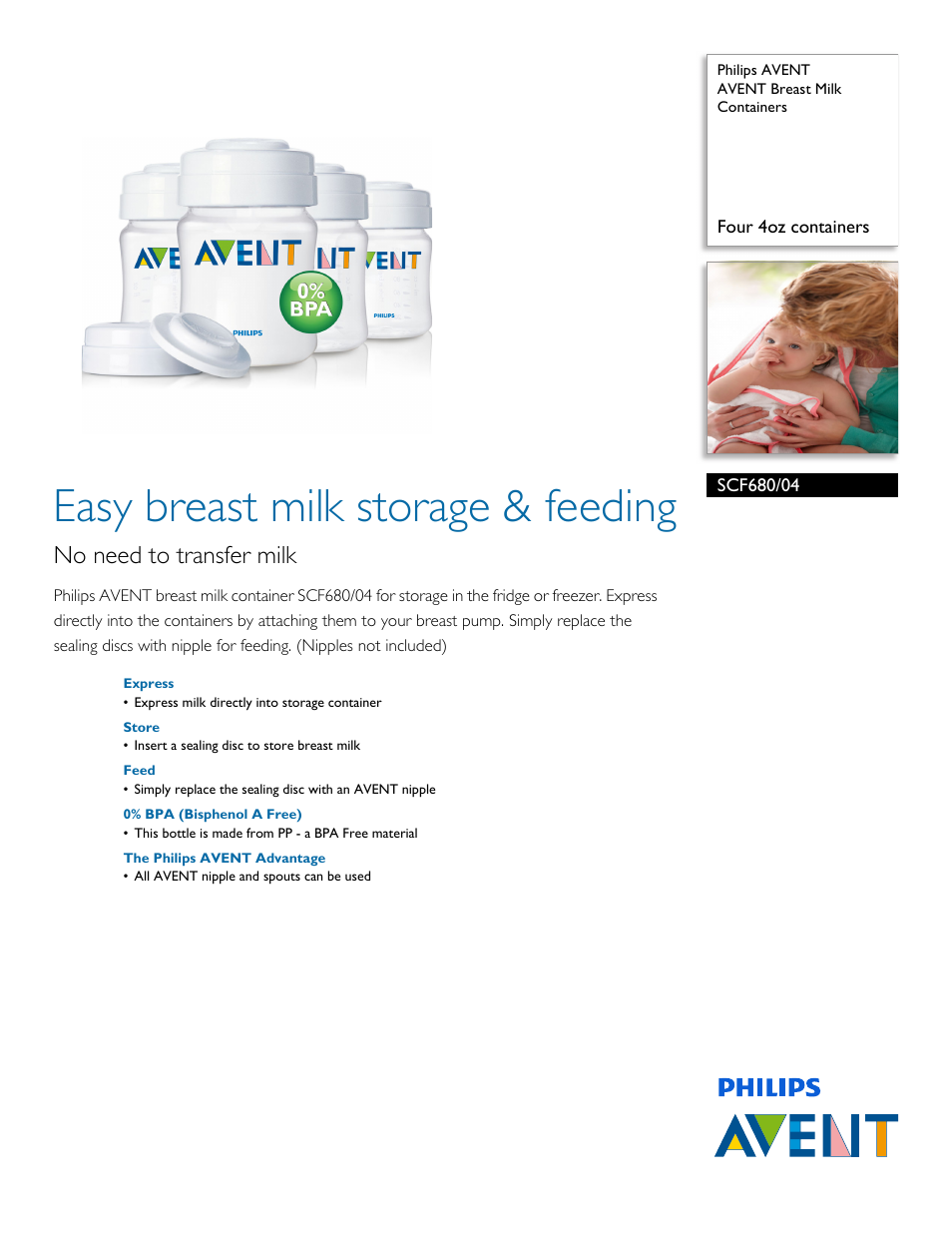 Philips AVENT Breast Milk Containers SCF680-04 Four 4oz containers User Manual | 2 pages