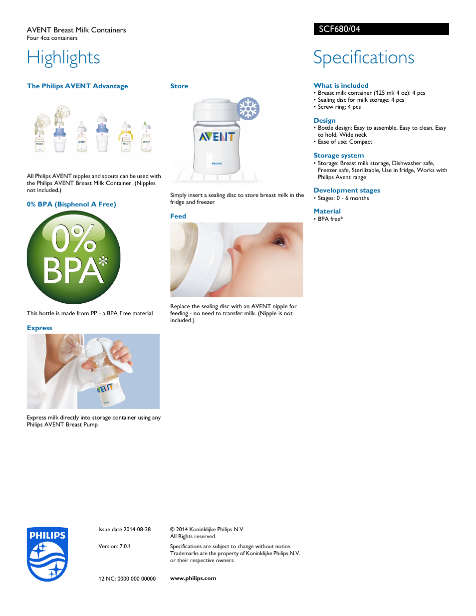 Highlights, Specifications | Philips AVENT Breast Milk Containers SCF680-04 Four 4oz containers User Manual | Page 2 / 2