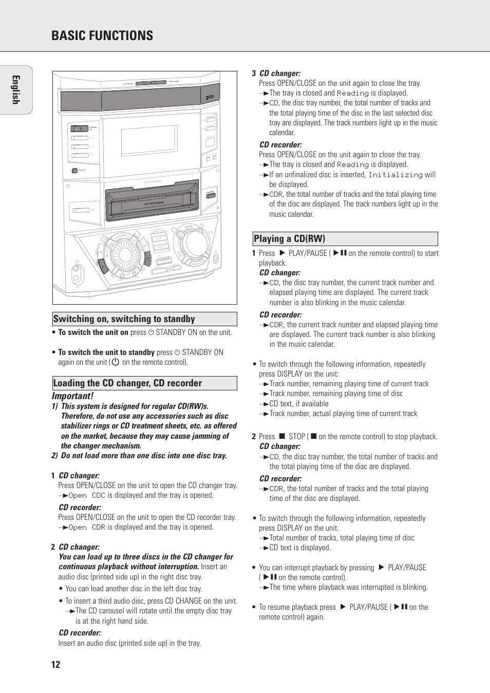 Basic functions, Important, English | The tray is closed and reading is displayed, Track number, remaining playing time of disc, Cd text, if available, Total number of tracks, total playing time of disc | Philips FWR88 User Manual | Page 12 / 32