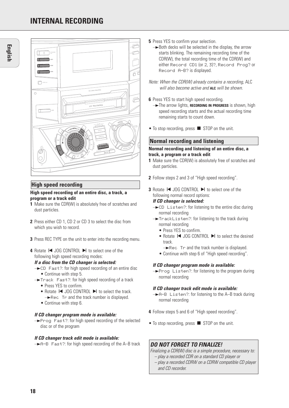 Internal recording, Do not forget to finalize, The arrow lights | Philips FWR88 User Manual | Page 18 / 32