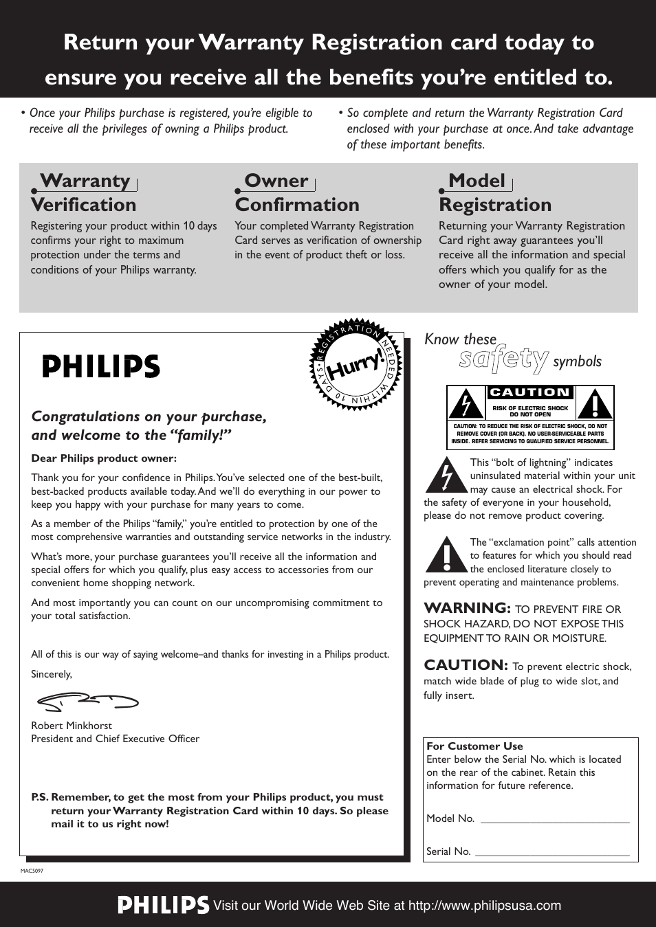 Ssa affe etty y, Hurry, Warranty verification | Owner confirmation, Model registration, Know these, Symbols | Philips FWR88 User Manual | Page 2 / 32