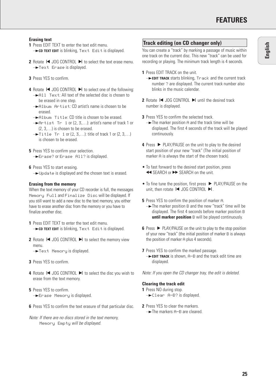 Features, Track editing (on cd changer only) english | Philips FWR88 User Manual | Page 25 / 32