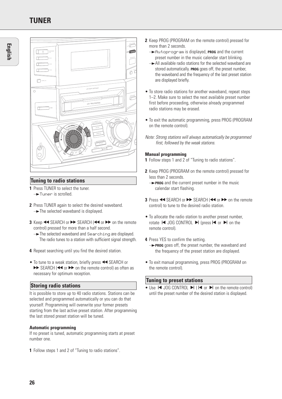 Tuner, 1 press tuner to select the tuner, Autoprogram is displayed | Philips FWR88 User Manual | Page 26 / 32