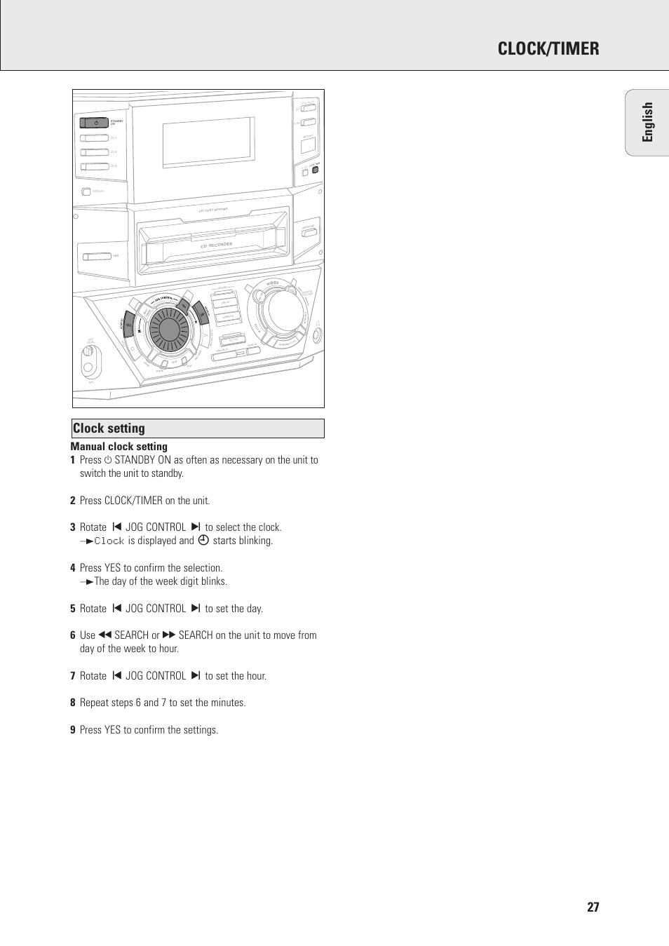 Clock/timer, Clock setting english | Philips FWR88 User Manual | Page 27 / 32