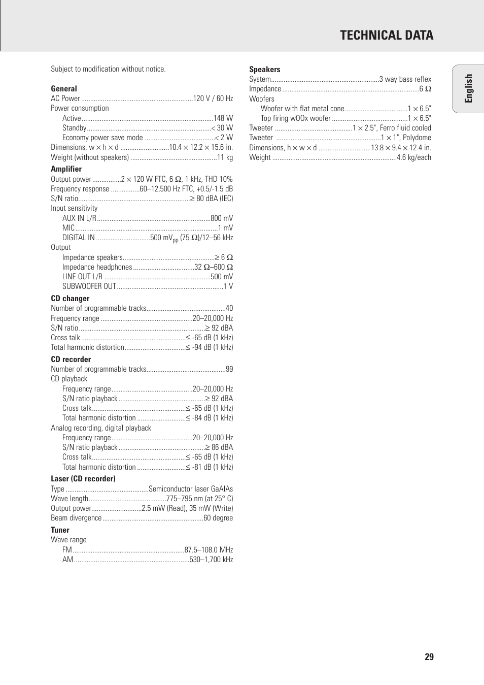 Technical data | Philips FWR88 User Manual | Page 29 / 32