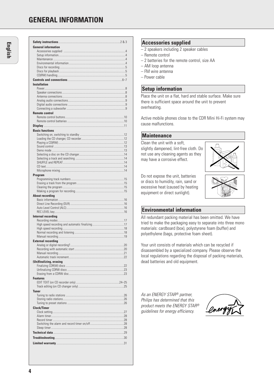 General information, Accessories supplied | Philips FWR88 User Manual | Page 4 / 32