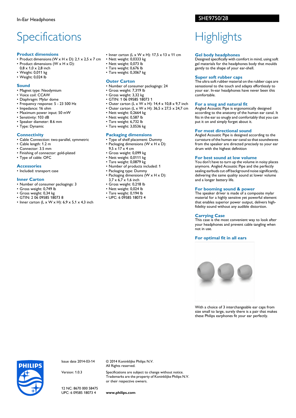 Specifications, Highlights | Philips SHE9750-28 User Manual | Page 2 / 2