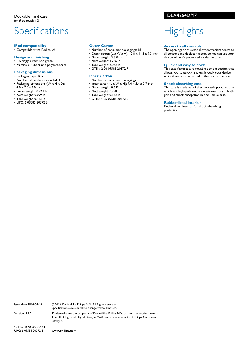 Specifications, Highlights | Philips DLA4264D-17 User Manual | Page 2 / 2