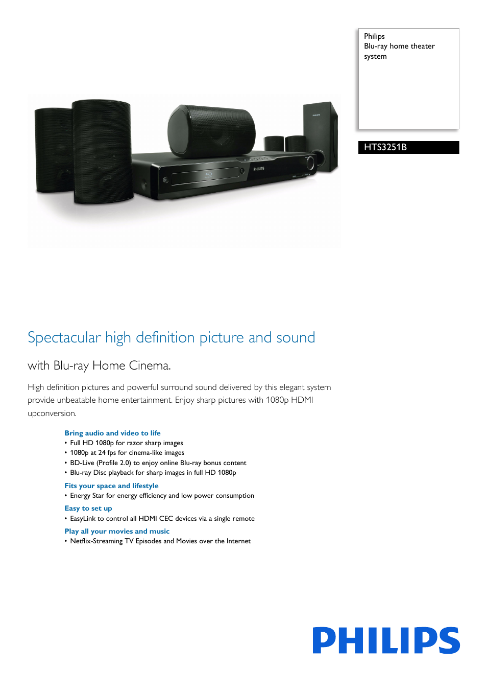 Philips Blu-ray home theater system HTS3251B User Manual | 3 pages