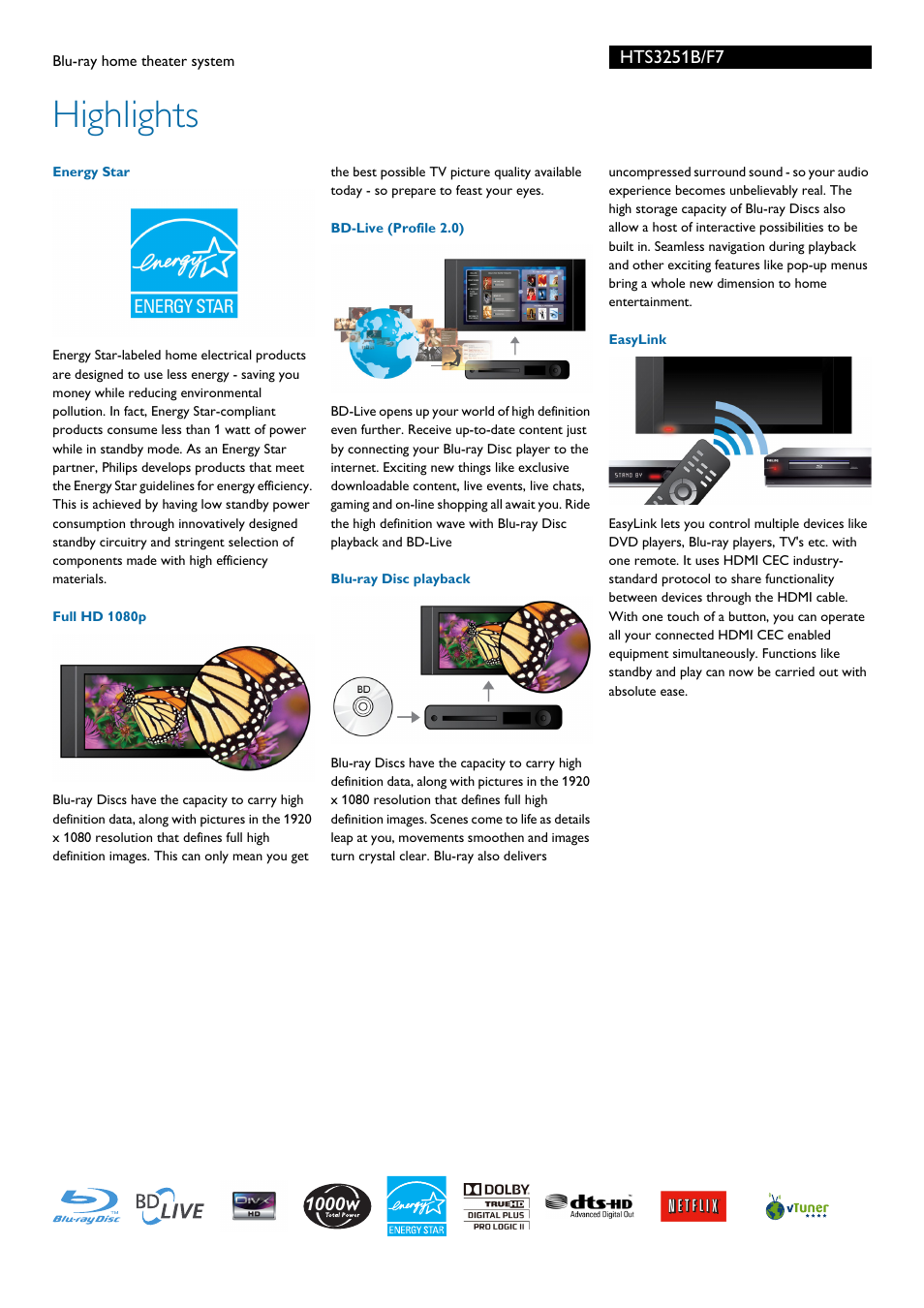 Highlights | Philips Blu-ray home theater system HTS3251B User Manual | Page 2 / 3